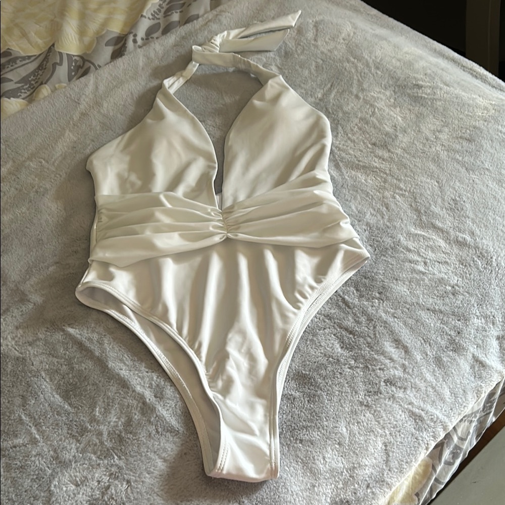 SHEIN White Halter One Piece Swimsuit